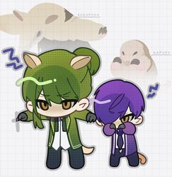  2boys black_pants chibi coat collared_shirt folded_ponytail full_body green_coat green_hair hagan_tw hair_over_one_eye library_of_ruina multiple_boys netzach_(project_moon) pants project_moon purple_coat purple_hair shirt white_shirt yellow_eyes yesod_(project_moon) 