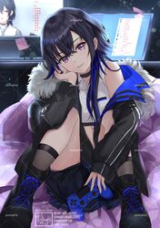  1girl backlighting black_choker black_coat black_footwear black_hair black_socks blue_hair boots choker coat cropped_shirt crossed_bangs dim_lighting hair_between_eyes highres ichinose_uruha ichinose_uruha_(4th_costume) looking_at_viewer lupinus_virtual_games monitor multicolored_hair off_shoulder pleated_skirt shirt sitting skirt sleeveless sleeveless_shirt smile socks streaked_hair violet_eyes virtual_youtuber vspo! watermark whyte_srsn wolf_cut 