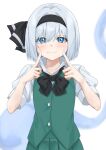 1girl absurdres black_bow black_bowtie black_hairband blue_eyes bow bow_hairband bowtie collared_shirt dot_nose ghost green_skirt green_vest hair_between_eyes hair_intakes hairband hands_up highres index_finger_raised konpaku_youmu konpaku_youmu_(ghost) light_blush looking_at_viewer pleated_skirt puffy_short_sleeves puffy_sleeves ramiki shirt short_hair short_sleeves simple_background skirt skirt_set smile solo touhou upper_body vest white_background white_hair white_shirt youmu_day