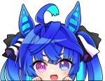  1girl @_@ ahoge airi_(akamichiaika) animal_ears blue_eyes blue_hair chibi heterochromia highres horse_ears horse_girl long_hair looking_at_viewer pink_eyes sharp_teeth simple_background solo teeth twin_turbo_(umamusume) twintails umamusume upper_body upper_teeth_only white_background 