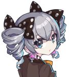  1girl black_bow bow bronya_zaychik brown_jacket commentary drill_hair earrings from_behind glowing grey_eyes grey_hair hair_bow highres honkai_(series) honkai_impact_3rd jacket jewelry looking_at_viewer looking_back parted_lips polka_dot polka_dot_bow simple_background solo thick_eyebrows twin_drills twintails upper_body white_background xtacy 