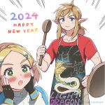  +_+ 1boy 1girl 2024 apron black_apron blonde_hair blue_eyes blush braid breasts commentary_request crown_braid emphasis_lines fingerless_gloves gloves green_eyes hair_ornament hairclip hands_on_own_cheeks hands_on_own_face happy_new_year holding holding_spoon light_dragon_(zelda) link medium_breasts monbetsu_kuniharu ponytail princess_zelda red_shirt shield shirt sidelocks smile spoon t-shirt the_legend_of_zelda the_legend_of_zelda:_tears_of_the_kingdom twitter_username wooden_shield 
