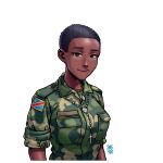  1girl absurdres artist_logo black_hair blush breast_pocket breasts brown_eyes buttons camouflage camouflage_jacket closed_mouth commentary cropped_torso cross cross_necklace dark-skinned_female dark_skin democratic_republic_of_the_congo_flag green_shirt highres jacket jewelry long_sleeves looking_at_viewer medium_breasts military military_uniform necklace original ostwindprojekt patch pocket raised_eyebrow shirt short_hair shoulder_boards shoulder_patch simple_background sleeves_rolled_up solo uniform white_background woodland_camouflage 