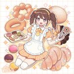  1girl apron artist_name bright_pupils brown_eyes brown_hair doughnut dress drill_hair emma_(kumaema) food frilled_apron frills gambol_shroud hairband highres holding holding_plate holding_tongs looking_at_viewer necktie orange_dress original outline pastry plate puffy_short_sleeves puffy_sleeves seiza short_sleeves sidelocks sitting solo thigh-highs tongs twin_drills twintails white_outline white_thighhighs yellow_hairband yellow_necktie 