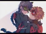  adrien_agreste animal_ears black_bodysuit black_hair black_mask blonde_hair bodysuit braid carrying cat_ears cat_girl green_eyes grey_background highres lady_noir long_hair marinette_dupain-cheng mask miraculous_ladybug misterbug_(character) mugi_(tumugi_topia) princess_carry red_bodysuit red_mask simple_background single_braid slit_pupils superhero_costume 