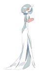  1girl arms_behind_back bob_cut colored_skin commentary flat_chest full_body gardevoir green_hair green_skin hair_over_one_eye highres long_legs looking_at_viewer mame_(pixiv_57985908) multicolored_skin no_mouth one_eye_covered pokemon pokemon_(creature) red_eyes short_hair simple_background solo standing two-tone_skin white_background white_skin 