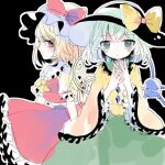  2girls ascot bat_wings black_hat blonde_hair blouse bow buttons crystal diamond_button eyeball flandre_scarlet frilled_shirt_collar frilled_sleeves frills green_hair green_skirt hat hat_bow hat_ribbon heart heart_of_string hiyuu_(hiyualice) komeiji_koishi lowres mob_cap multicolored_wings multiple_girls one_side_up open_mouth puffy_short_sleeves puffy_sleeves red_eyes red_skirt red_vest ribbon shirt short_sleeves side_ponytail skirt skirt_set touhou vest white_background white_hat wide_sleeves wings yellow_ascot yellow_bow yellow_ribbon yellow_shirt 