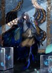  1boy absurdres antinese arthropod_boy black_hair blue_butterfly blue_eyes bug butterfly butterfly_wings cape collared_shirt crown diamond_hairband fate/grand_order fate_(series) full_body fur-trimmed_cape fur_trim highres insect_wings long_sleeves looking_at_viewer male_focus medium_hair oberon_(fate) oberon_(third_ascension)_(fate) official_alternate_hair_color shirt smile solo white_shirt wing_cape wings 