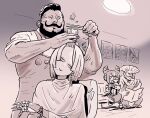  2boys 2girls a.k.i._(street_fighter) adon_(street_fighter) beard birdie_(street_fighter) cutting_hair earrings facial_hair guile hair_horns hairdressing han_juri hand_in_another&#039;s_hair highres holding_another&#039;s_hair jewelry kangyaku mole mole_under_mouth monochrome multiple_boys multiple_girls mustache scissors sitting smile street_fighter street_fighter_6 
