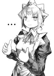  ... 1girl apron bags_under_eyes beluna closed_mouth corrupted_twitter_file double_thumbs_up expressionless greyscale hands_up highres juliet_sleeves kilsturgeon long_sleeves looking_at_viewer maid maid_apron maid_headdress monochrome neck_ribbon puffy_sleeves ribbon shirt short_hair simple_background solo stitched_neck stitches the_voynich_hotel thumbs_up upper_body 