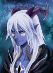  1boy aaravos_(the_dragon_prince) artist_name black_horns black_sclera colored_sclera colored_skin daisy-flauriossa diamond_facial_mark gold_trim grey_skin hair_between_eyes horns long_hair male_focus pointy_ears portrait solo the_dragon_prince watermark white_hair yellow_eyes 