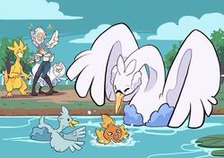  1boy alternate_color alternate_shiny_pokemon animal_focus bird blue_sky clouds commentary crying day duck ducklett english_commentary feathered_wings full_body golduck open_mouth outdoors pokemon pokemon_(creature) short_hair sky struggling swan swanna swimming tamarinfrog tears torchic tree water white_hair white_wings wings 