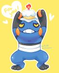  animal_focus arms_up candle colored_sclera croagunk cupcake english_text fire food full_body highres mthchupaca no_humans nostrils outline plate_on_head pokemon simple_background solo standing teeth white_outline yellow_background yellow_sclera 