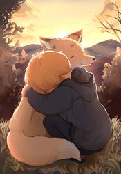  1boy animal animal_hug backlighting batta_(kanzume_quality) belt blonde_hair blue_hoodie blue_pants child clouds cross_scar fox grass hood hood_down hoodie kitsune_no_oyome-chan male_focus mountainous_horizon outdoors pants scar short_hair sky squatting sun sunset tree whiskers yellow_sky 