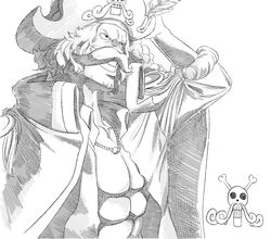  1boy abs beard_stubble coat coat_on_shoulders collared_coat commentary_request epaulettes facial_hair gol_d._roger greyscale hat highres jewelry jolly_roger kibun_0911 male_focus monochrome mustache necklace one_piece short_hair sleeves_rolled_up smile solo stubble upper_body 