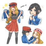  1boy 1girl black_hair black_shirt black_thighhighs blonde_hair blue_eyes blue_jacket blush borrowed_clothes cabbie_hat calem_(pokemon) closed_eyes commentary_request hand_on_another&#039;s_face hat jacket long_hair one_eye_closed open_mouth pink_hat pokemon pokemon_xy rain_(tonight_862) red_hat red_skirt serena_(pokemon) shirt short_hair short_ponytail simple_background skirt sleeveless sleeveless_shirt smile sunglasses tearing_up thigh-highs twitter_username white_background 