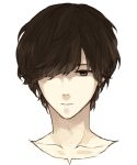  1boy bisuko brown_eyes brown_hair character_request copyright_request cropped_shoulders hair_over_one_eye light_frown looking_down male_focus short_hair simple_background third-party_source upper_body white_background 