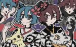  2girls absurdres black_gloves black_hat blue_eyes blue_hair brown_eyes brown_hair closed_mouth cubone cup flower gloves hair_flower hair_ornament hand_up hat hat_flower hatsune_miku highres holding holding_cup holding_knife japanese_clothes kimono knife meiko_(vocaloid) mimikyu multiple_girls parted_lips pokemon project_voltage seriyaki110 short_hair vocaloid white_kimono 