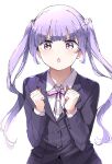  1girl blazer blush chestnut_mouth clenched_hands collared_shirt dress_shirt highres jacket long_hair long_sleeves new_game! nyoijizai purple_hair shirt simple_background solo suzukaze_aoba twintails violet_eyes white_background white_shirt 