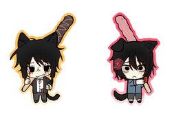  2boys :&lt; animal_ears black_eyes black_footwear black_hair black_jacket black_pants black_shorts blue_shirt cat_boy cat_ears cat_tail chibi chibi_only chinese_commentary closed_mouth collared_shirt commentary_request dog_boy dog_ears dog_tail facial_tattoo flower food fu_shun_(touqi_guaitan) gloves grin hair_flower hair_ornament hand_on_own_hip highres holding holding_food jacket junxiu_di_maoyi kemonomimi_mode male_focus multiple_boys open_clothes open_jacket outline pants pink_outline red_flower red_gloves shirt short_hair short_sleeves shorts simple_background single_glove smile tail tattoo touqi_guaitan white_background white_shirt yellow_outline ziche_fuzhao 