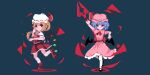  2girls ascot bat_wings blonde_hair blue_hair crystal_wings dress flandre_scarlet full_body hand_up hat hat_ribbon mary_janes miuu_000 mob_cap multiple_girls pink_dress pink_ribbon pixel_art red_ascot red_dress red_eyes red_ribbon remilia_scarlet ribbon shoes short_hair side_ponytail simple_background smile thigh-highs touhou white_thighhighs wings yellow_ascot 