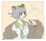  1girl :3 alternate_costume animal_ears animal_nose blush bob_cut border branch brown_cardigan cardigan cellphone collared_shirt cowlick green_nails green_ribbon grey_eyes grey_hair holding holding_phone leaf leaf_on_head leaf_print long_sleeves loose_neck_ribbon mode_aim open_cardigan open_clothes open_mouth phone ponpoko_(vtuber) popped_collar print_shirt qp_(qp_anipokopi) raccoon_ears raccoon_girl ribbon shirt short_hair simple_background single_sleeve_past_fingers smartphone solo upper_body virtual_youtuber white_border yellow_background 