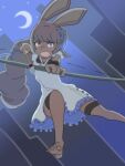  1girl animal_ears arrow_(projectile) barefoot blue_background blue_eyes blue_ribbon bow_(weapon) brown_hair commentary_request crescent_moon dark-skinned_male dark_skin drawing_bow dress flying frilled_dress frills full_body hair_ribbon highres holding holding_arrow holding_bow_(weapon) holding_weapon long_hair looking_at_viewer medium_bangs moon night open_mouth pyonkitiusausa rabbit_and_steel rabbit_ears rabbit_girl ribbon smile sniper_rabbit snout solo thick_eyebrows thigh_strap v-shaped_eyebrows very_long_hair weapon white_dress 
