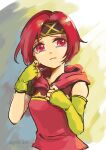  1girl asymmetrical_gloves bare_shoulders crying crying_with_eyes_open fingerless_gloves fire_emblem fire_emblem:_the_sacred_stones gloves hood hood_down looking_at_viewer neimi_(fire_emblem) parted_hair pink_eyes pink_hair pink_hood ponzu_(pnz_210) solo tears two-tone_headband yellow_gloves 