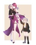  1boy 1girl 2girls absurdres aged_down caelus_(honkai:_star_rail) carrying carrying_person child child_carry edogawa_kigoro formal full_body grey_hair highres honkai:_star_rail honkai_(series) kafka_(honkai:_star_rail) long_hair looking_at_viewer multiple_girls necktie official_alternate_costume purple_hair short_hair shorts stelle_(honkai:_star_rail) trailblazer_(honkai:_star_rail) violet_eyes yellow_eyes 