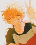  1boy akehoshi_subaru antenna_hair blush closed_eyes ensemble_stars! grin hand_up orange_hair sapphire_(nine) shirt short_sleeves simple_background smile solo t-shirt white_background 