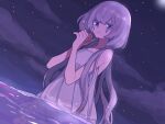  1girl colored_eyelashes dress grey_hair highres long_hair looking_to_the_side maco22 night night_sky original partially_submerged sky smile solo star_(sky) starry_sky very_long_hair violet_eyes water 