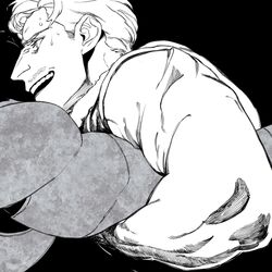  2boys brothers desha_(ousama_ranking) despa_(ousama_ranking) facial_hair fighting highres huge_eyebrows locked_arms male_focus mullet multiple_boys muscular muscular_male mustache mustache_stubble ousama_ranking pencil_mustache profile resisting sanpaku sashimi_oran siblings stubble sweat upper_body 