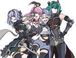  4girls ahoge alisa_(punishing:_gray_raven) animal_ears ayla:_kaleido_(punishing:_gray_raven) ayla_(punishing:_gray_raven) beret black_bodysuit black_bow black_dress black_hairband black_shirt black_thighhighs blue_hair blue_shorts bodysuit bow breasts cleavage_cutout closed_eyes clothing_cutout crossed_bangs dress drill_hair fake_animal_ears gown green_hair hair_between_eyes hair_bow hair_intakes hair_ornament hairband hat hug huge_breasts large_breasts mechanical_arms midriff multiple_girls navel one_eye_closed open_mouth pink_eyes pink_hair punishing:_gray_raven rabbit_ears rabbit_hair_ornament sandy_k_connor shirt shorts sica_(punishing:_gray_raven) side_drill thigh-highs trojan_(punishing:_gray_raven) violet_eyes white_background white_shirt 