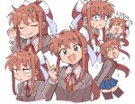  2girls anger_vein angry arms_behind_back blue_eyes bow bowtie brown_hair brown_jacket brown_thighhighs closed_eyes collared_shirt doki_doki_literature_club green_eyes hair_bow jacket laughing long_hair looking_at_viewer monika_(doki_doki_literature_club) multiple_girls nervous_sweating ponytail red_bow red_bowtie red_ribbon ribbon sayori_(doki_doki_literature_club) school_uniform shirt simple_background sweat sweatdrop thigh-highs tsubobot undershirt uniform white_background white_bow 