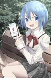  1girl black_skirt blue_eyes blue_hair bow bowtie cellphone fire_extinguisher holding holding_phone jacket juliet_sleeves long_sleeves looking_at_viewer mahou_shoujo_madoka_magica mahou_shoujo_madoka_magica_(anime) miki_sayaka mitakihara_school_uniform nagare_(flow) on_bench open_mouth outdoors phone plaid_clothes plaid_skirt pointing product_placement puffy_sleeves red_bow red_bowtie school_uniform short_hair sitting skirt smartphone solo v-shaped_eyebrows 