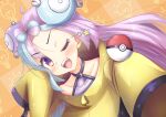  1girl ;d aida_monaka blush bow-shaped_hair character_hair_ornament collarbone commentary_request hair_ornament happy highres iono_(pokemon) jacket long_sleeves looking_at_viewer multicolored_hair one_eye_closed open_mouth orange_background poke_ball poke_ball_(basic) pokemon pokemon_sv shirt sleeves_past_fingers sleeves_past_wrists smile star_(symbol) teeth two-tone_hair upper_teeth_only yellow_jacket 
