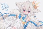  animal_ear_fluff animal_ears ascot blue_bow blue_ribbon blue_sash bow bowtie catbell coat coat_on_shoulders commission crown flower fox_ears fox_girl fox_tail frilled_vest frills fur-trimmed_coat fur_trim grey_hair hair_between_eyes hair_bow hair_ornament hair_ribbon hair_scrunchie hand_on_own_cheek hand_on_own_face hands_up high_collar holding large_ears large_tail long_hair low_twintails lying on_back original red_eyes ribbon rose sakurada_shiro_(hy_plus) sakurada_shiro_(royal)_(hy_plus) sash scrunchie shoulder_sash signature skeb_commission tail thank_you twintails upper_body very_long_hair vest white_background white_coat white_flower white_hair white_rose white_unitard 
