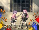  1boy 2girls absurdres alternate_costume armor arms_up bernadetta_von_varley bernadetta_von_varley_(cosplay) black_footwear black_socks bocchi_the_rock! boots commentary commission cosplay costume_switch crossover dated electric_guitar english_commentary fire_emblem fire_emblem:_three_houses garreg_mach_monastery_uniform gatekeeper_(fire_emblem) gotoh_hitori gotoh_hitori_(cosplay) green_eyes guitar hair_ornament helmet highres holding holding_instrument holding_microphone instrument jacket kagura_oni long_hair long_sleeves looking_at_viewer microphone microphone_stand multiple_girls music pink_hair pink_jacket playing_instrument pleated_skirt purple_hair short_hair signature skirt socks sweat track_jacket trait_connection uniform 