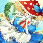  1girl :d blue_bow blue_dress bow cookie dairoku_ryouhei day dress flower food gloves hat hat_bow holding holding_cookie holding_food mizuki_itose mushroom_hat outdoors pale_skin petit_grande puffy_short_sleeves puffy_sleeves red_bow short_sleeves smile solo white_gloves 