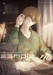  1boy bishounen book brown_eyes brown_hair character_request closed_mouth collarbone cup curtains desk_lamp disposable_cup drink earphones earphones green_sleeves green_sweater head_tilt highres holding holding_pen indoors lamp light_smile long_sleeves looking_at_viewer male_focus on_chair one_eye_closed open_book painting_(object) paper_stack pen quanzhi_gaoshou removing_earbuds ruler sample_watermark scissors short_hair sitting solo steam studying sweater turdidae upper_body watermark 