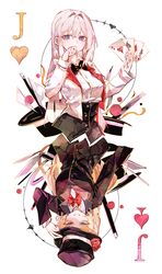  absurdres ace_(playing_card) apple black_bow black_bowtie black_coat black_hat black_skirt blonde_hair blue_eyes bow bowtie card clenched_hand closed_mouth coat cocoballking commission covered_mouth flower food fruit hair_intakes hand_on_own_hat hat hat_flower hat_ornament heart heterochromia highres jacket joker_(playing_card) lapels light_blush long_hair long_sleeves looking_at_viewer notched_lapels original parted_lips pixiv_commission playing_card red_bow red_bowtie red_eyes red_flower ribbon shirt skirt smile top_hat white_hair white_jacket white_shirt yellow_ribbon 