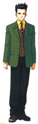  1boy arms_at_sides artist_request black_hair black_pants brown_eyes brown_footwear brown_vest button_gap buttons closed_mouth collar collared_shirt collared_suit diagonal-striped_clothes diagonal-striped_necktie famitsu green_collar green_sleeves green_suit highres legs_together long_sleeves looking_at_viewer male_focus necktie official_art oogami_ichirou oxfords pants parted_lips pocket red_necktie retro_artstyle sakura_taisen second-party_source sega shirt simple_background smile solo spiky_hair standing striped_clothes suit tachi-e vest watermark white_background wing_collar yellow_collar yellow_shirt yellow_undershirt 