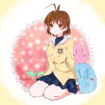  1girl antenna_hair blue_skirt brown_eyes brown_hair clannad copyright_name dango_daikazoku dress full_body furukawa_nagisa hikarizaka_private_high_school_uniform jacket pleated_dress sailor_collar school_uniform skirt solo stuffed_toy suiryuu_(suiryu_47) white_sailor_collar yellow_jacket 