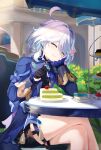  1girl ^_^ absurdres ahoge black_gloves blue_hair blue_jacket cake cherry closed_eyes crossed_legs dser5358 feet_out_of_frame food fork fruit furina_(genshin_impact) genshin_impact gloves hair_intakes head_tilt heart highres holding holding_fork jacket long_sleeves multicolored_hair no_headwear sitting solo streaked_hair thighs tiered_tray white_hair 