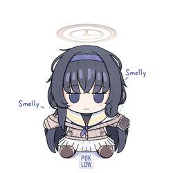  1girl artist_name black_hair blue_archive book brown_cardigan buttons cardigan closed_mouth english_text full_body fumo_(doll) hairband halo highres holding holding_book jewelry locket neckerchief pendant poklow purple_hairband school_uniform simple_background skirt solo ui_(blue_archive) violet_eyes white_background white_skirt 