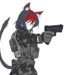  1girl animal_ears black_hair cat_ears cat_tail closed_mouth gloves grey_gloves gun handgun highres holding holding_gun holding_weapon pixcy_(pixcy5) red_bag red_eyes redhead short_hair tactical_clothes tail weapon white_background 