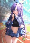  black_halo blue_archive blue_buruma blush bottle buruma gym_uniform halo highres holding holding_bottle jacket long_hair long_sleeves looking_at_viewer mechanical_halo navel open_mouth porihu purple_hair running_track stadium star_sticker sticker_on_face track_jacket wiping_sweat wiping_with_clothes yuuka_(blue_archive) yuuka_(track)_(blue_archive) 