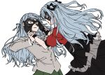  2girls a_jak bang_dream! bang_dream!_it&#039;s_mygo!!!!! black_gloves black_mask black_ribbon black_skirt blue_hair clone closed_mouth commentary domino_mask eye_contact frilled_skirt frills gloves green_skirt grey_jacket hair_ribbon hand_on_another&#039;s_face hands_on_another&#039;s_wrists haneoka_school_uniform hashtag_only_commentary high-waist_skirt jacket long_sleeves looking_at_another mask multiple_girls parted_lips red_shirt ribbon school_uniform shirt simple_background skirt togawa_sakiko two_side_up white_background yellow_eyes 