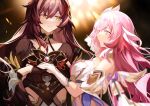  2girls annnnq bare_shoulders black_dress black_gloves breasts closed_mouth clothing_cutout detached_sleeves dress eden_(honkai_impact) elbow_gloves elysia_(herrscher_of_human:ego)_(honkai_impact) elysia_(honkai_impact) gloves gradient_background highres honkai_(series) honkai_impact_3rd large_breasts long_hair looking_at_another multiple_girls pink_eyes pink_hair redhead side_cutout smile very_long_hair white_gloves white_veil yellow_eyes 