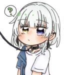  1girl ? bang_dream! bang_dream!_it&#039;s_mygo!!!!! blue_eyes closed_mouth collar commentary_request earrings heterochromia highres jewelry kaname_raana leash long_hair same_(same_d4) shirt short_sleeves simple_background solo spoken_question_mark upper_body white_background white_hair white_shirt yellow_eyes 